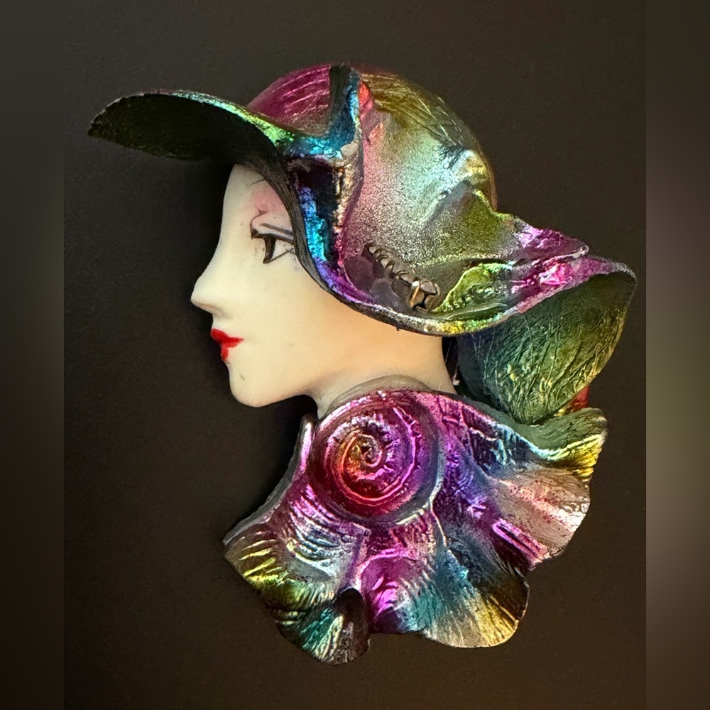 Vintage Lady Face Brooch Colorful Hat Rhinestones